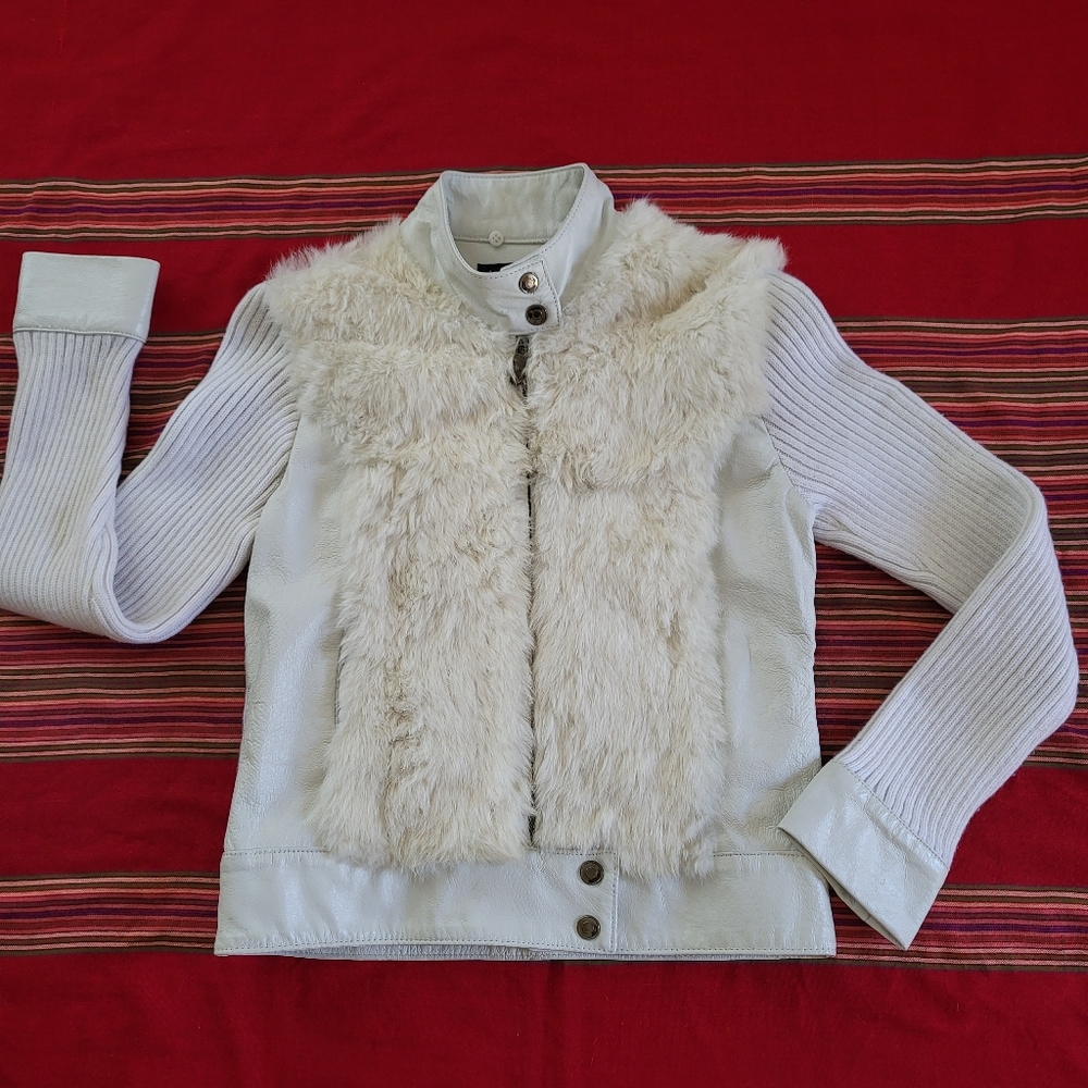 Vintage BeBe Rabbit Fur Jacket Womens Size Small Off White Knit  Leather